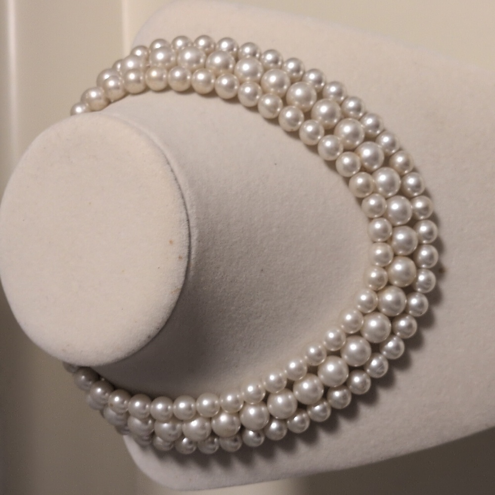 Triple-Strand White Pearl Collar Necklace